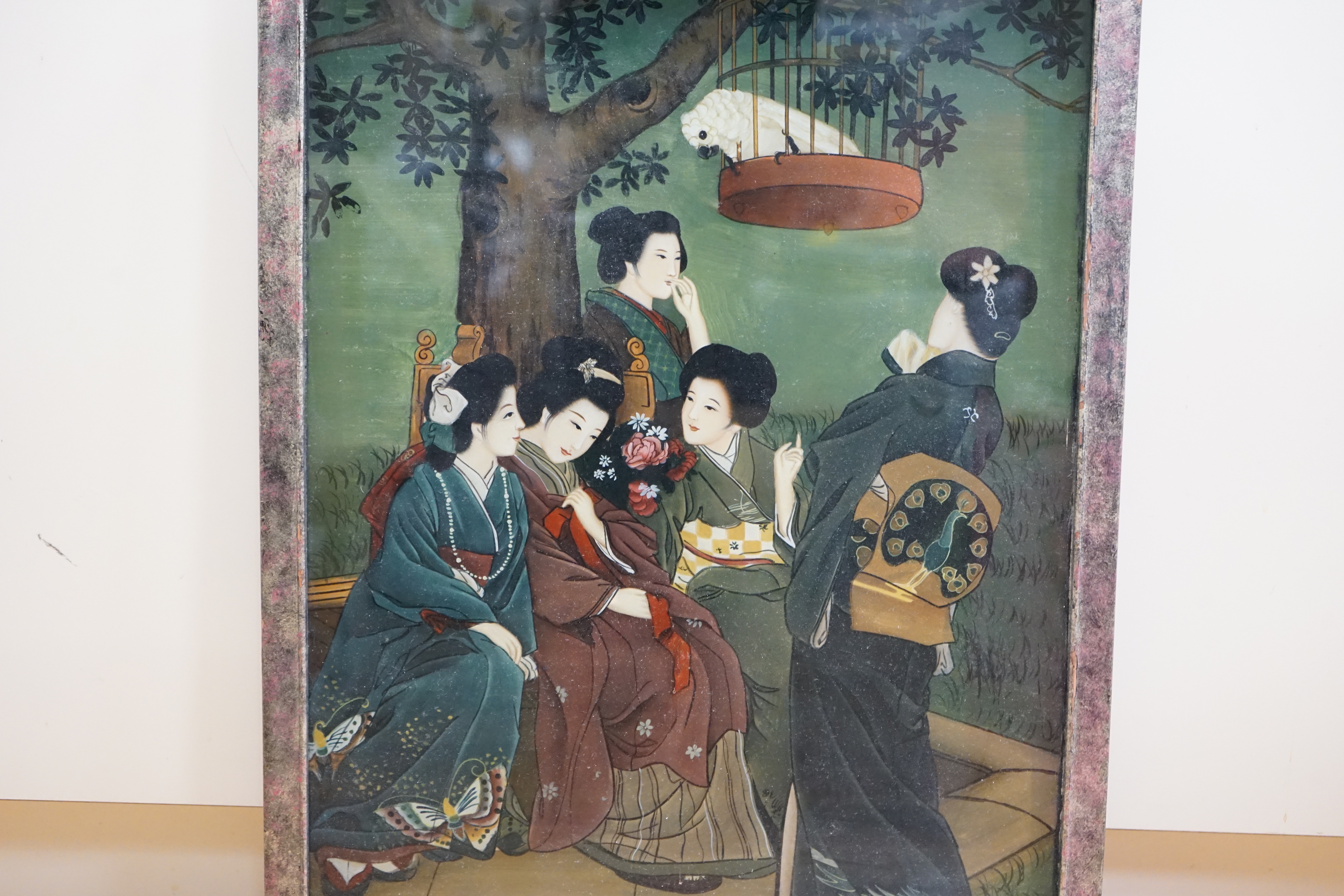 A Chinese reverse glass painted panel, ladies wearing kimonos, 64 x 44cm